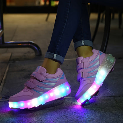Roller sneakers kinderen LED kunstleer roze met wieltjes afneembaar schoenen skates lichtgevende kinderschoenen