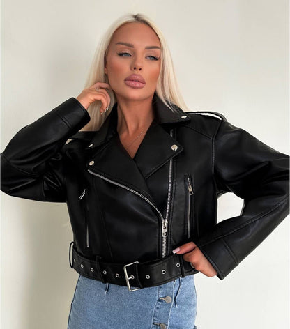 Korte Lederen Bikerjas voor Dames Trendy Design