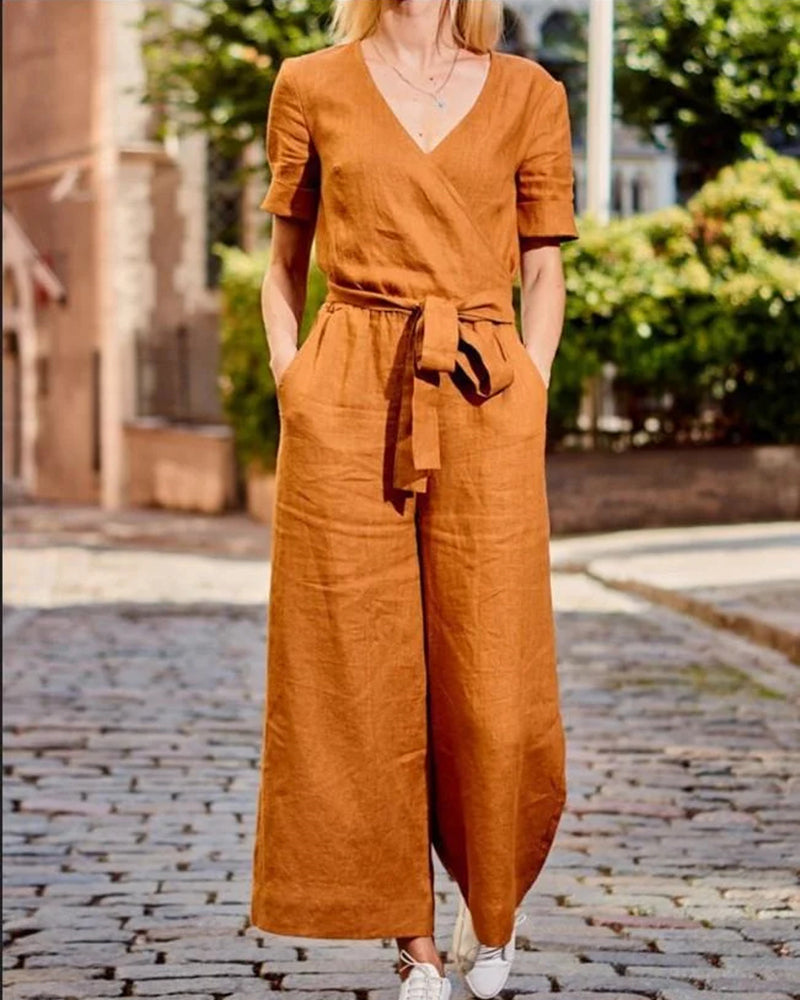 Dames Jumpsuit Korte Mouwen Riem Zomerkleding - StudioMarella