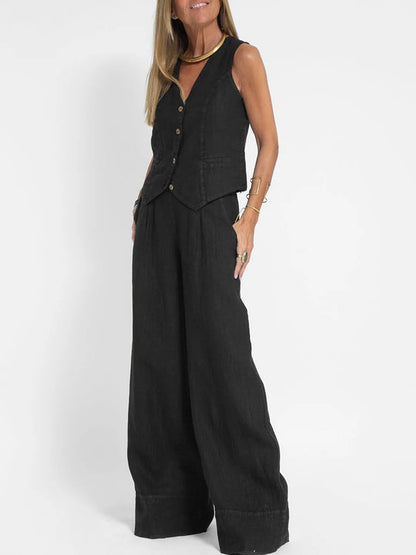 Linnen Set Dame Mouwloos V-Hals Gilet en Wijde Broek