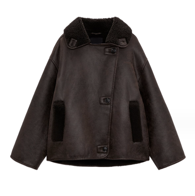 Dames Leren Pilotenjas Oversized Teddy Voering Met Zakken