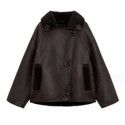 Dames Leren Pilotenjas Oversized Teddy Voering Met Zakken