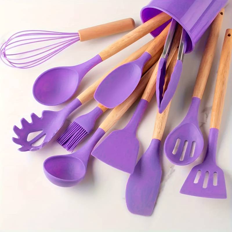 12-delige Siliconen Keukengerei Set met Houten Handgrepen