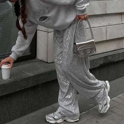 Dames Pantalon Glimmer Broek met Pailletten en Wijd Model