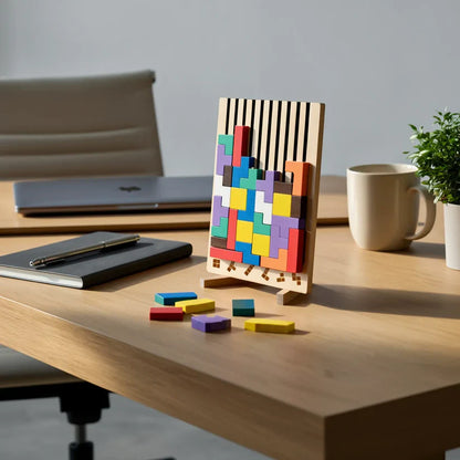 Houten Tetris Puzzel 31.5x19.8cm Ecokleuren Bureau Blokpuzzel Tangram Breinbreker Volwassenen Kinderen Kantoor Cadeau Speelgoed