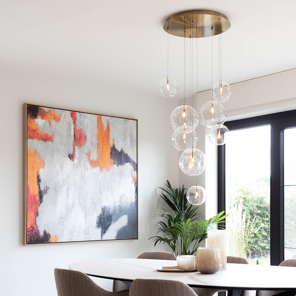 Cluster Hanglamp 9 Glazen Bollen Antiek Messing Verstelbaar 170cm Woonkamer