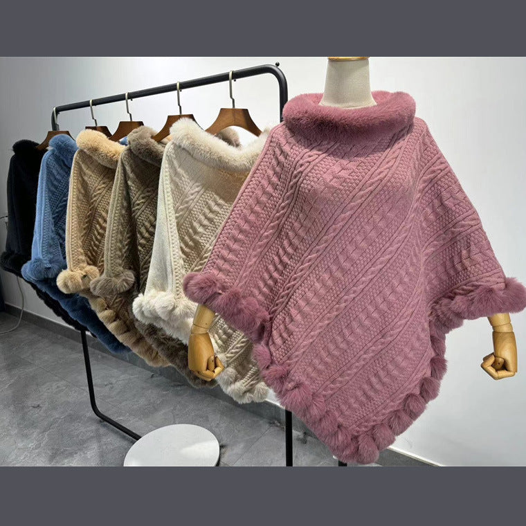Dames Sjaal Cape met Kunstbont Kraag Gebreid Warm