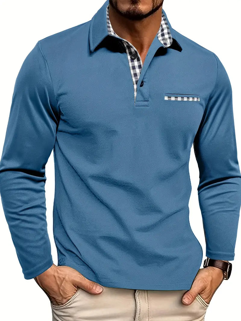 Heren Poloshirt Longsleeve Met Contrastkraag en Borstzak