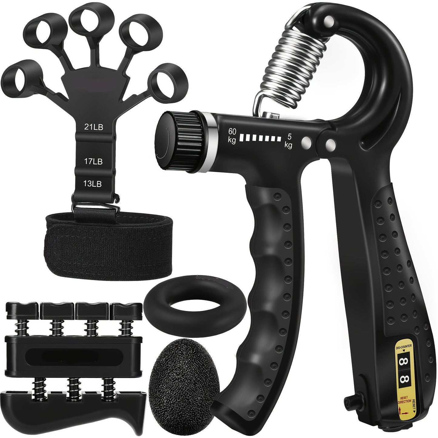 Handtrainer Set 5-in-1 voor Grip en Onderarmkracht Verstelbaar Weerstand met Vingertrainer en Krachtrubberbal