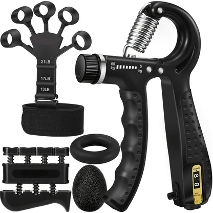 Handtrainer Set 5-in-1 voor Sterke Vingers en Onderarmen – Verstelbaar met Trainingsring en Kneedbal