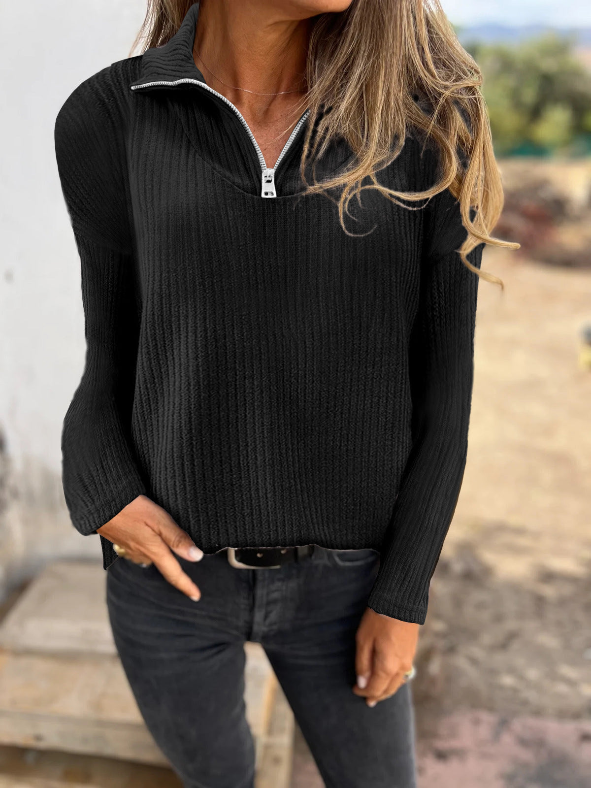 Dames Trui met Halve Rits en Ribbelstructuur Elegante Basislook → Dames Trui Halve Rits Ribbelstructuur Elegante Basislook