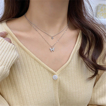 Gelaagde Sieraden Set Zilver met Vlinder Hanger Kristal voor Dagelijks Dragen