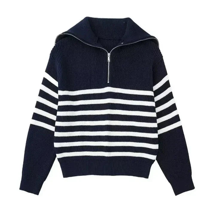 Damian | Gestreepte rits trui in de kleur Marineblauw voor heren in stijl ideaal voor de winter