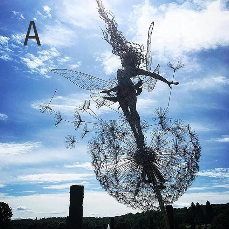 Feë Tuinspinner met Paardenbloem – Windspinner Tuindecoratie 25 cm – IJzeren Tuinsteker met Draaiend Feëfiguur en Paardenbloembloemen – Weervaste Tuinversiering voor Bloembedden en Paden