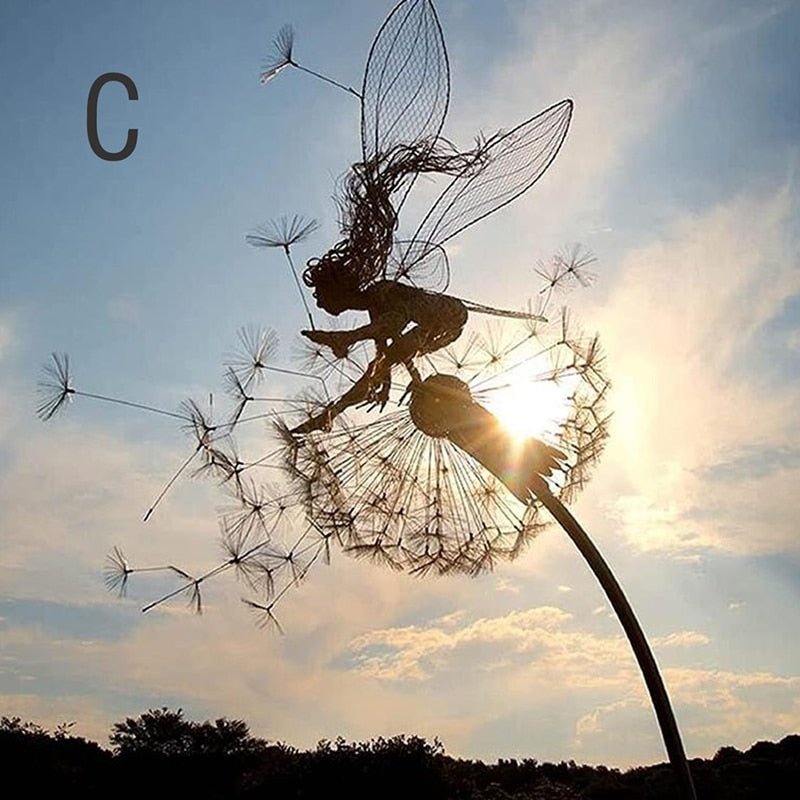 Feë Tuinspinner met Paardenbloem – Windspinner Tuindecoratie 25 cm – IJzeren Tuinsteker met Draaiend Feëfiguur en Paardenbloembloemen – Weervaste Tuinversiering voor Bloembedden en Paden