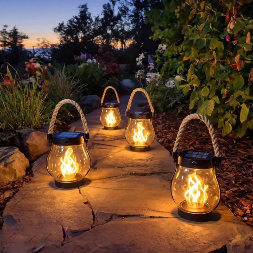 Solar Tuinlantaarn met Flakkerend Vlameffect Buitenverlichting Oplaadbaar Decoratief Metaal Brons Tuin
