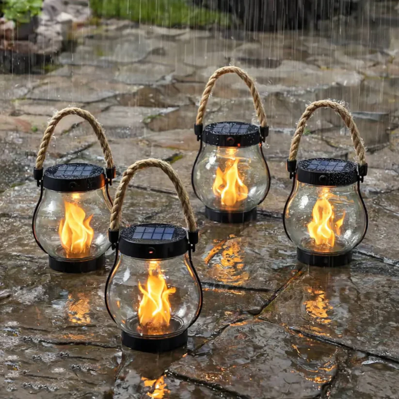 Solar Tuinlantaarn met Flakkerend Vlameffect Buitenverlichting Oplaadbaar Decoratief Metaal Brons Tuin