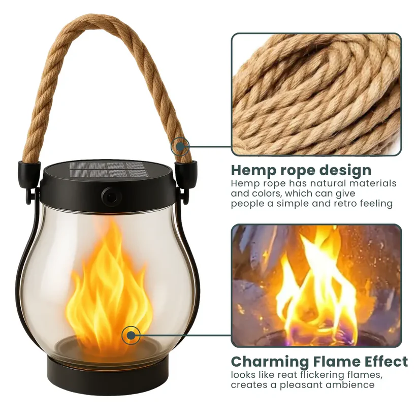 Solar Tuinlantaarn met Flakkerend Vlameffect Buitenverlichting Oplaadbaar Decoratief Metaal Brons Tuin
