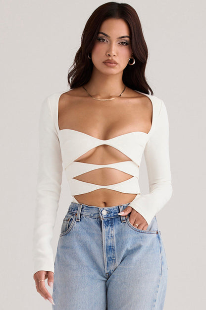 Witte Lange Mouw Crop Top voor Vrouw Met Uitsnijding - StudioMarella