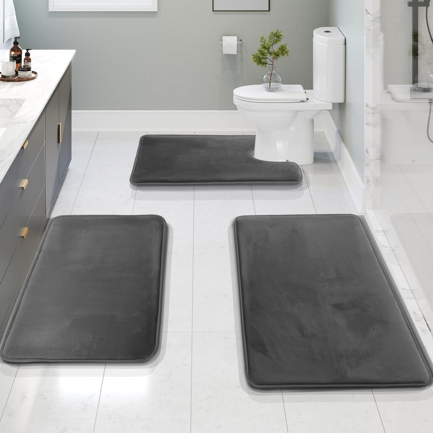 Badmat Set 3 Stuks Memory Foam Fluweel Grijs Antislip Badkamer Douche Toilet Matten Absorberend Zacht Wasbaar