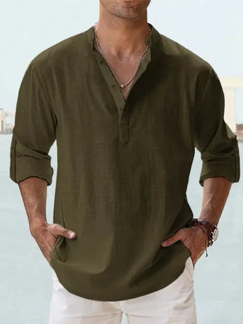 Mannen Linnen Shirt Henley Kraag Luchtig Comfortabel