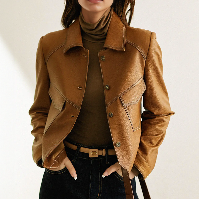 Korte Leren Jas Cropped Stijlvol Model