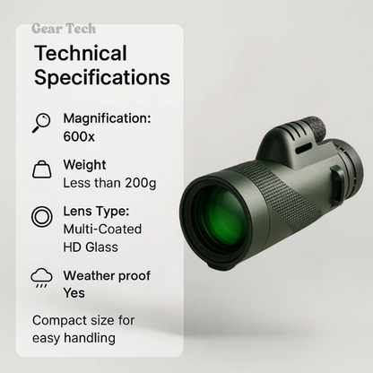 Compacte 600x Ultra-Zoom Monoculair – HD Lens, Lichtgewicht, Ideaal voor Wandelen, Vogels Kijken en Sportevenementen