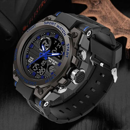 Heren Horloge Zwart met Analoog-Digitaal Display en Multifunctionele Functies – Militaire Stijl met RVS Kast en Siliconen Band