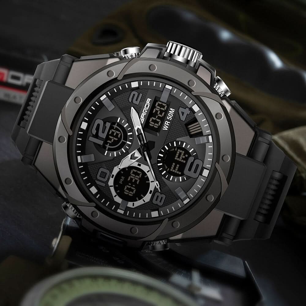 Heren Horloge Zwart met Analoog-Digitaal Display en Multifunctionele Functies – Militaire Stijl met RVS Kast en Siliconen Band