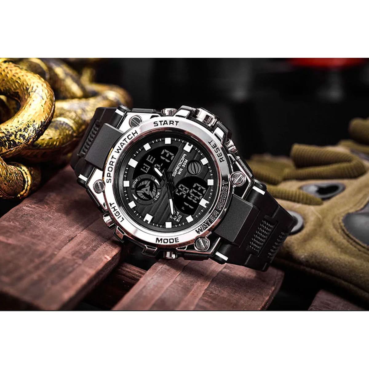 Heren Horloge Zwart met Analoog-Digitaal Display en Multifunctionele Functies – Militaire Stijl met RVS Kast en Siliconen Band