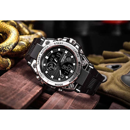 Heren Horloge Zwart met Analoog-Digitaal Display en Multifunctionele Functies – Militaire Stijl met RVS Kast en Siliconen Band