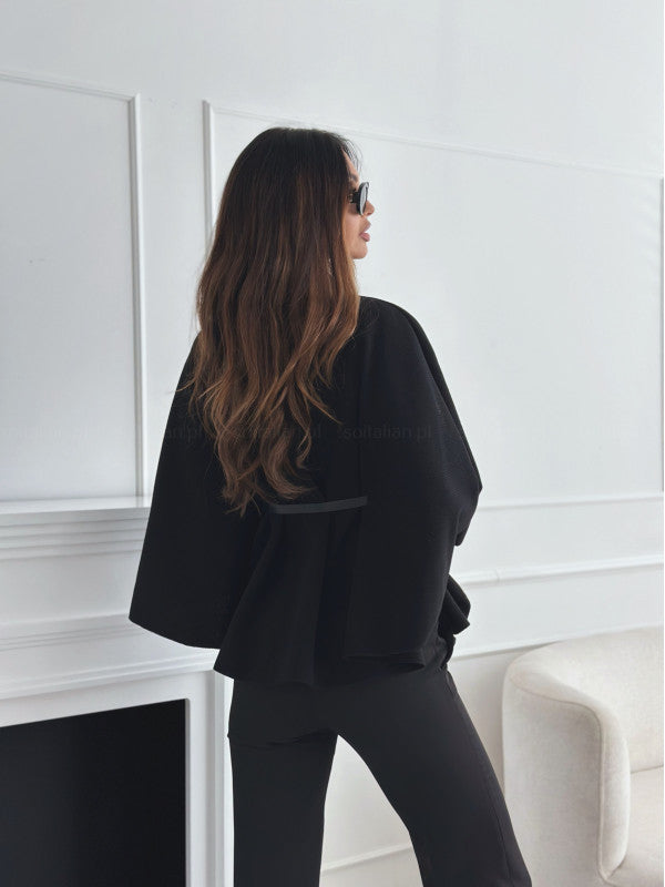 Leren Batwing Jas met Riem en Brede Mouwen