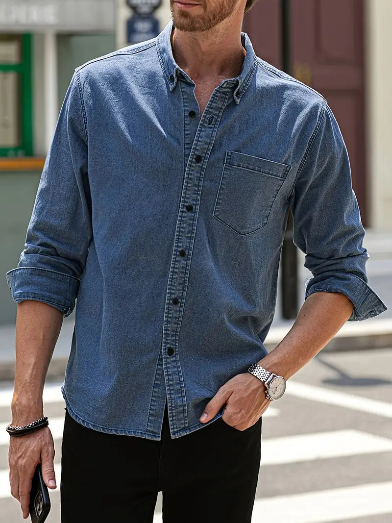 Klassieke Blauwe Denim Shirt Lange Mouwen Casual Stijl