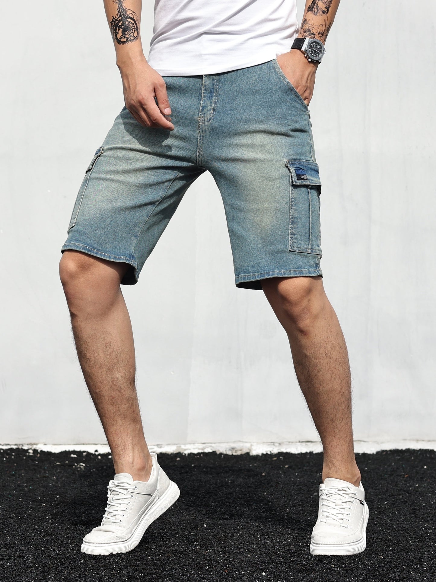 Heren Cargo Shorts Giel Blauw Denim Zomerbroek