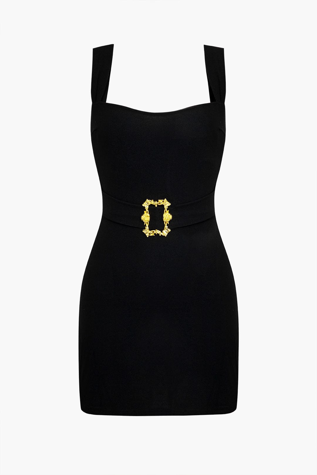 Korte Zwarte Jurk met Gouden Ceintuur Elegante Minidress