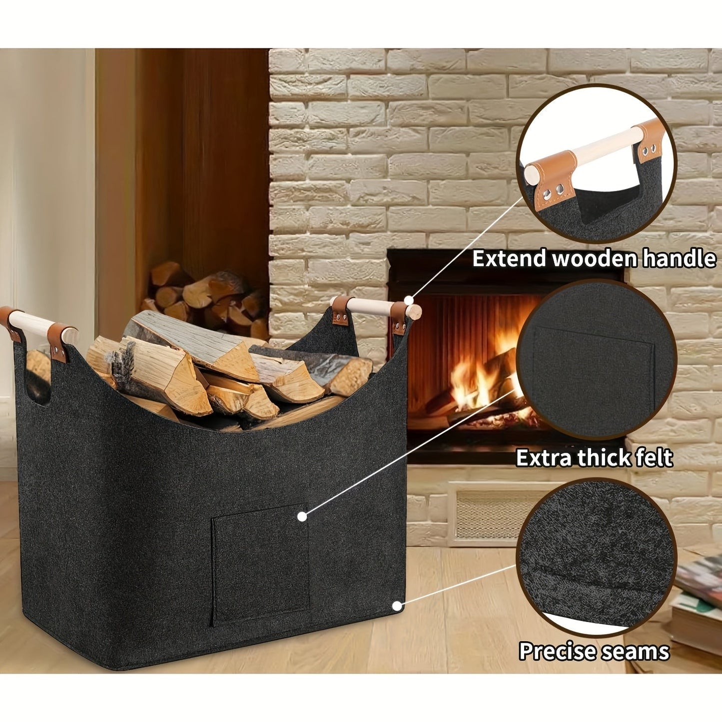 Vilten Haardhoutmand 55L – Grote Haardhout Opbergmand voor Open Haard & Houtkachel