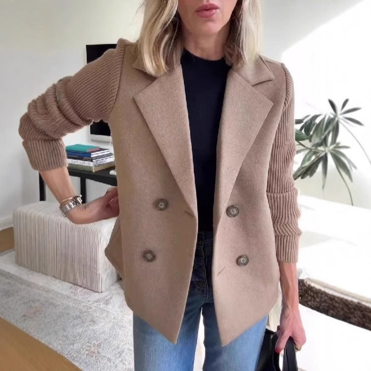 Dames Blazer Wollen Look Gebreide Mouwen Dubbele Knoopsluiting