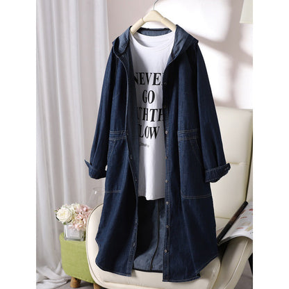 Dames Lange Denim Jas met Capuchon Casual Stoer