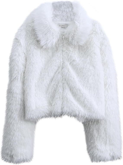 Dames Faux Fur Jas Kort Warm Met Rits en Kraag