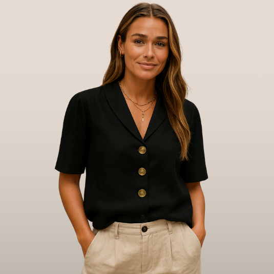 Dames Blouse Korte Mouwen met Sjaalkraag en Knoopsluiting - StudioMarella