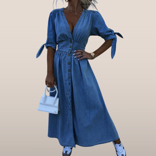 Blauwe Denim Maxi Jurk met Knopen en Puffmouwen - StudioMarella