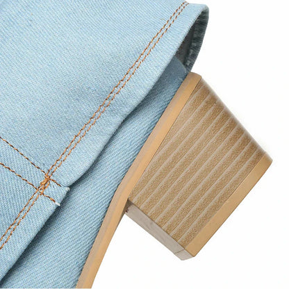 Blauwe Denim Laarzen Met Strik en Hak