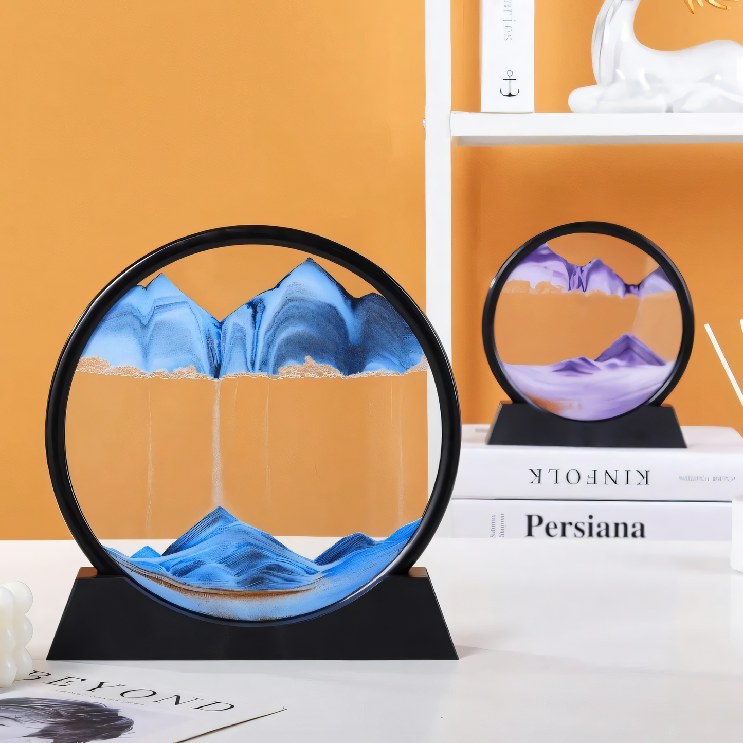 Decoratieve Zandbol met Bewegend Zand – Klein 7 Inch & Groot 12 Inch – Rustgevende Tafelversiering voor Ontspanning en Mindfulness
