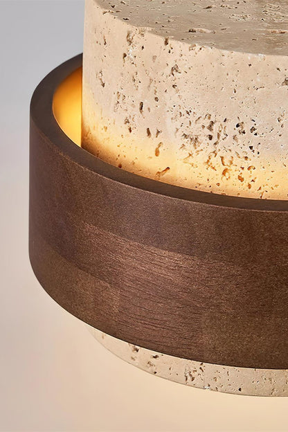 Houten Hanglamp met Travertijn Afwerking – Organische Lichtbron Eetkamer Woonkamer