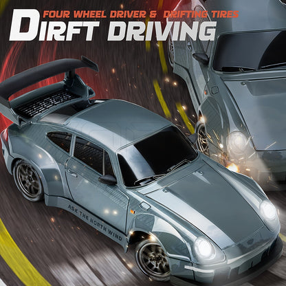 RC drift auto 1:24 4WD grijs met verlichte wielen afstandsbediening extra banden driftauto speelgoed auto usb oplaadbaar