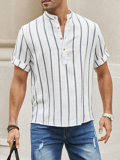 Mannen Zomerhemd Korte Mouwen Strepen Henley Stijl - StudioMarella