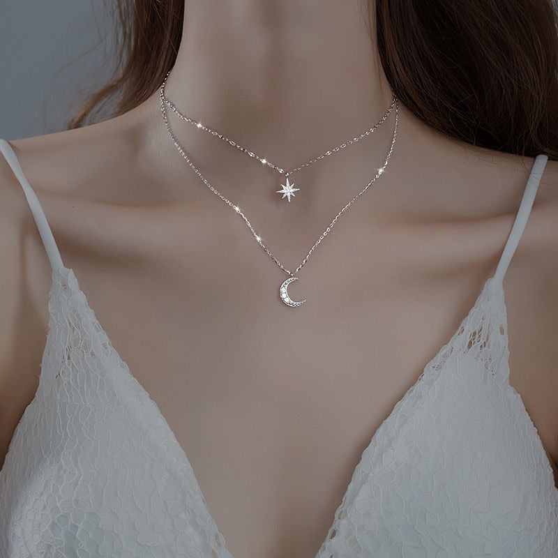 Dubbele Halsketting met Maan & Ster Hanger Zilverkleurig voor Romantische Elegantie