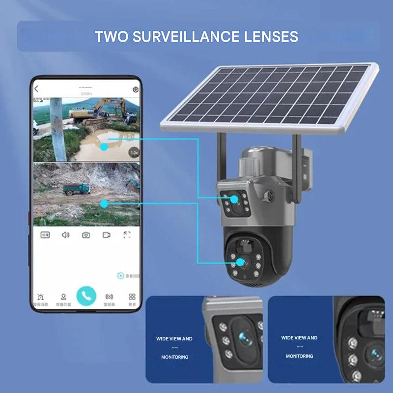 Draadloze 4K Beveiligingscamera met Zonnepaneel Dual-Lens 10x Zoom 360° Draaibaar WiFi 4G Nachtzicht Bewegingsdetectie Waterdicht IP66 Buiten Security Camera Tuinbeveiliging