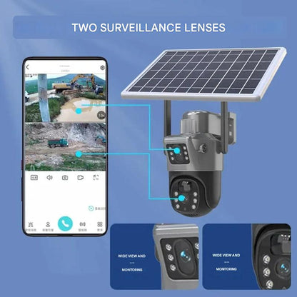 Draadloze 4K Beveiligingscamera met Zonnepaneel Dual-Lens 10x Zoom 360° Draaibaar WiFi 4G Nachtzicht Bewegingsdetectie Waterdicht IP66 Buiten Security Camera Tuinbeveiliging