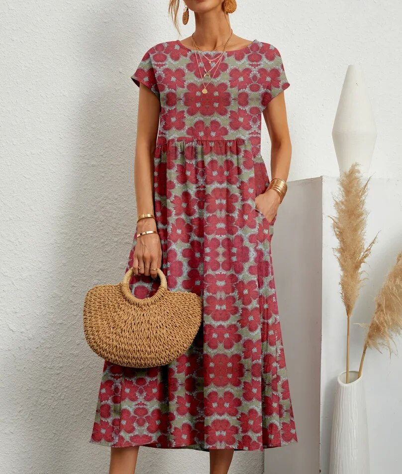 Vrouwelijke Zomerjurk van Katoen, Elegante en Comfortabele Lange Jurk